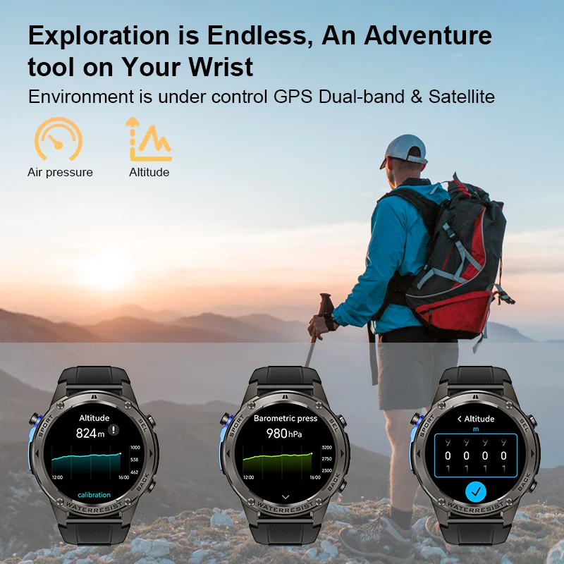 Outdoor-Sport GPS Smartwatch Höhe und Barometer Dual-Frequenz 50 m wasserdicht 170+ Sportmodi Herzfrequenzmesser