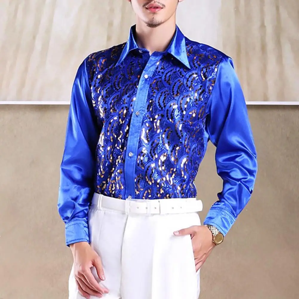 

Men Luxury Sequins Performance Shirt Lapel Long Sleeve Single-Breasted Wedding Stage Shirt Slim Fit Formal Casual Shirt Tops