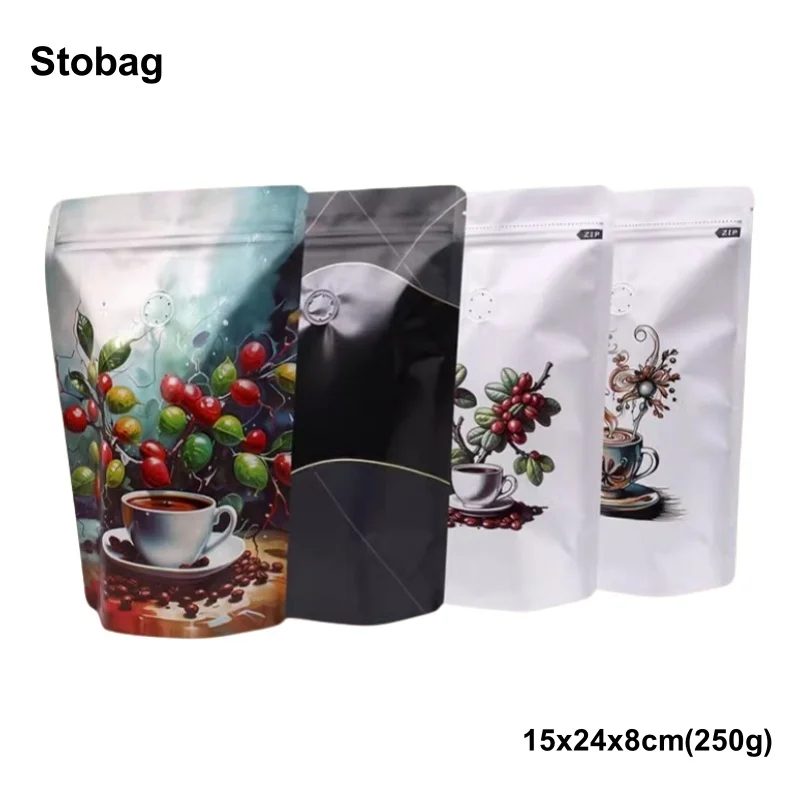 

StoBag 20pcs 250g Coffee Beans Packaging Bag with Valve Aluminum Sealed for Powder Food Nuts Storage Stand Up Reusable Pouches