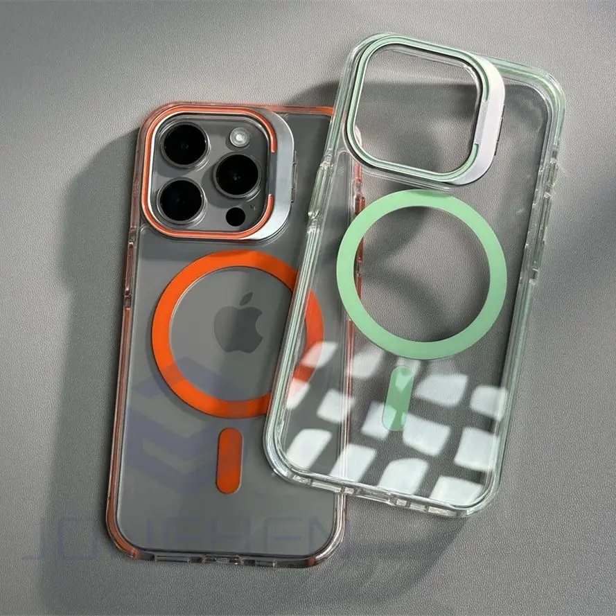 For Magasfe Case Metal Lens Holder Shockproof Bumper Magnetic Wireless Charge Transparent Cover For iPhone 15 14 13 12 Pro Max