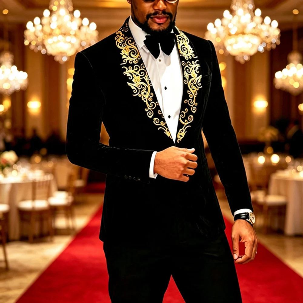 Men Black Velvet Blazer Gold Baroque Embroidery Shawl Lapel Slim Fit Jacket Wedding Groom Tuxedo For Party Prom