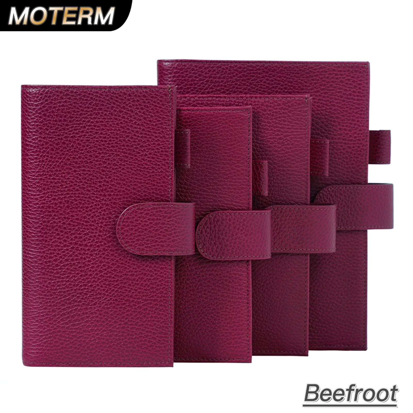 Moterm Firm Pebbled Grain Leather Beetroot Color Genuine Cowhide Planner Rings Notebook Cover Diary Agenda Organizer Journey