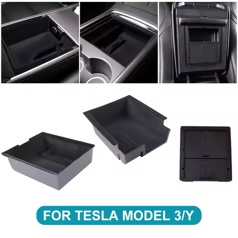 For Tesla Model Y 3 Hidden Storage Box Car Center Console Armrest Front and Rear Flocking Layered Grid Organized Container