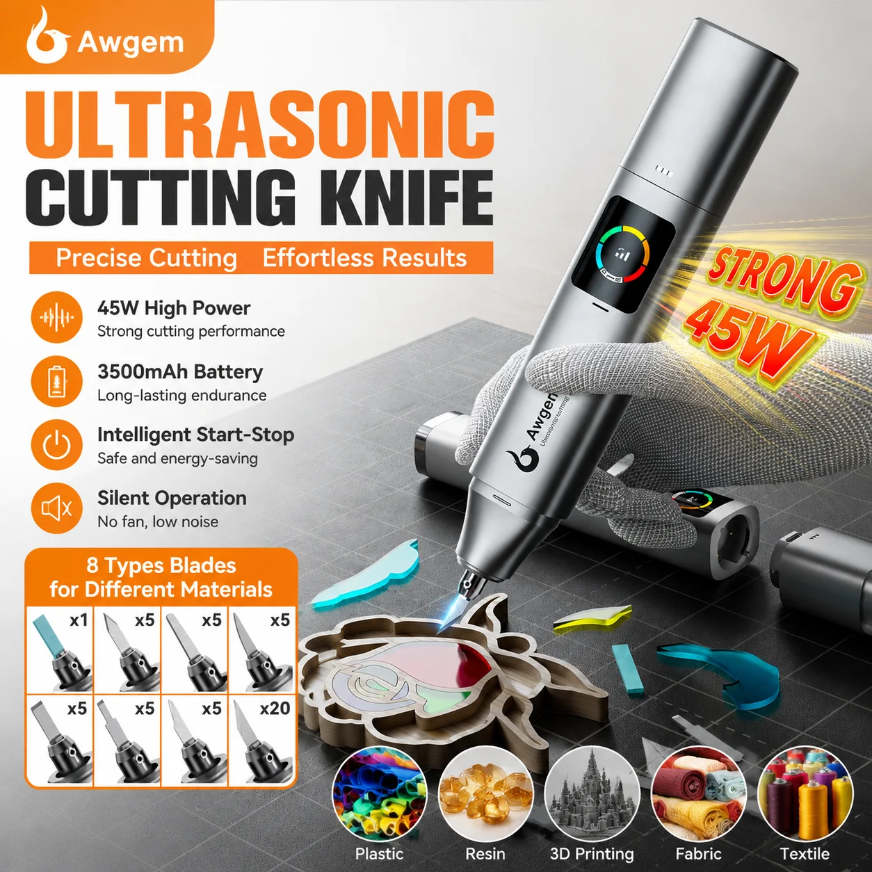 Awgem KE5 Ultrasonic Cutting Knife High Precision Electric Cutter for Plastic Resin 3D Printing Fabric DIY Craft Engraving Tool