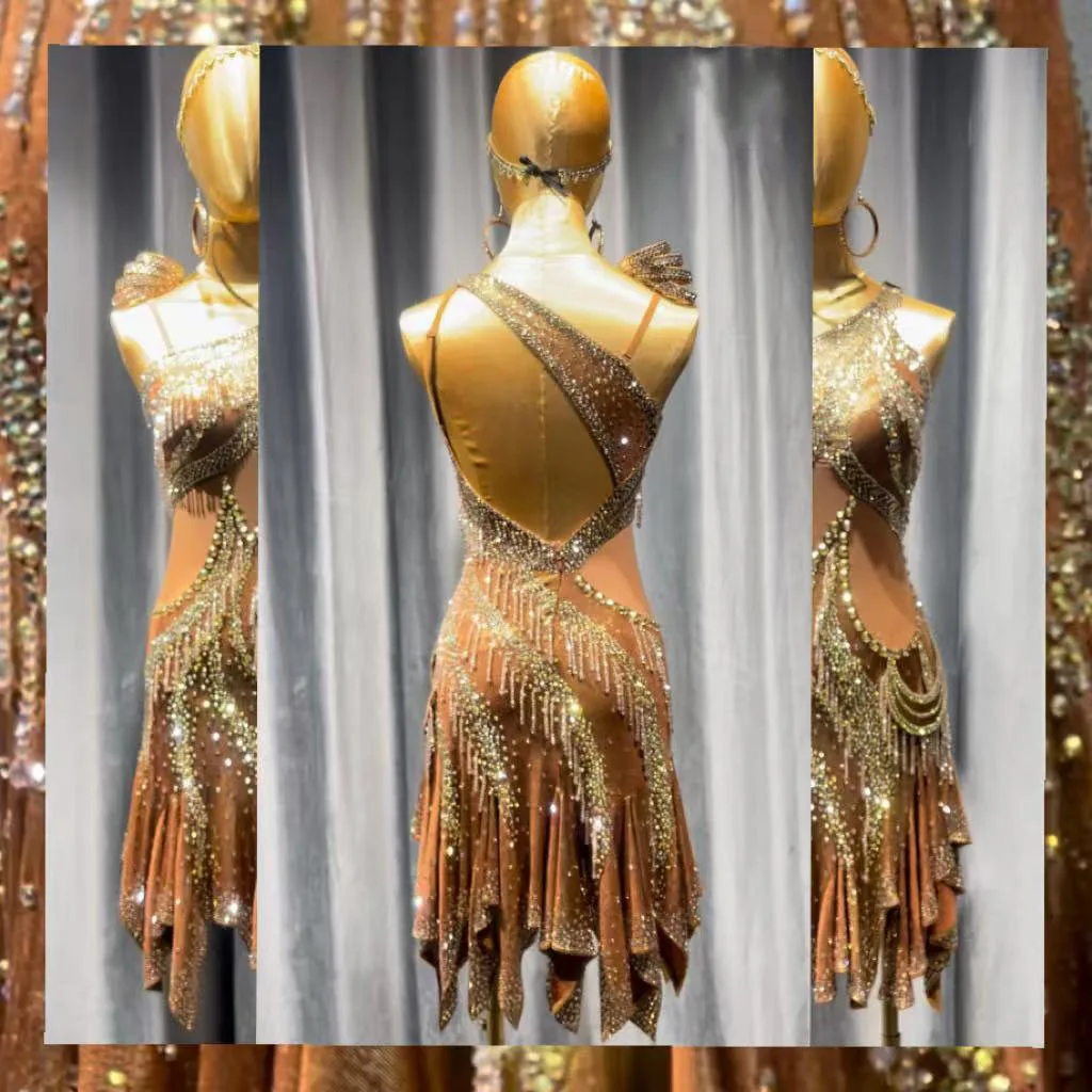 Dança latina adulto crianças vestido ab pedra high-end personalizado saia irregular de uma peça precisamente tango roupas femininas