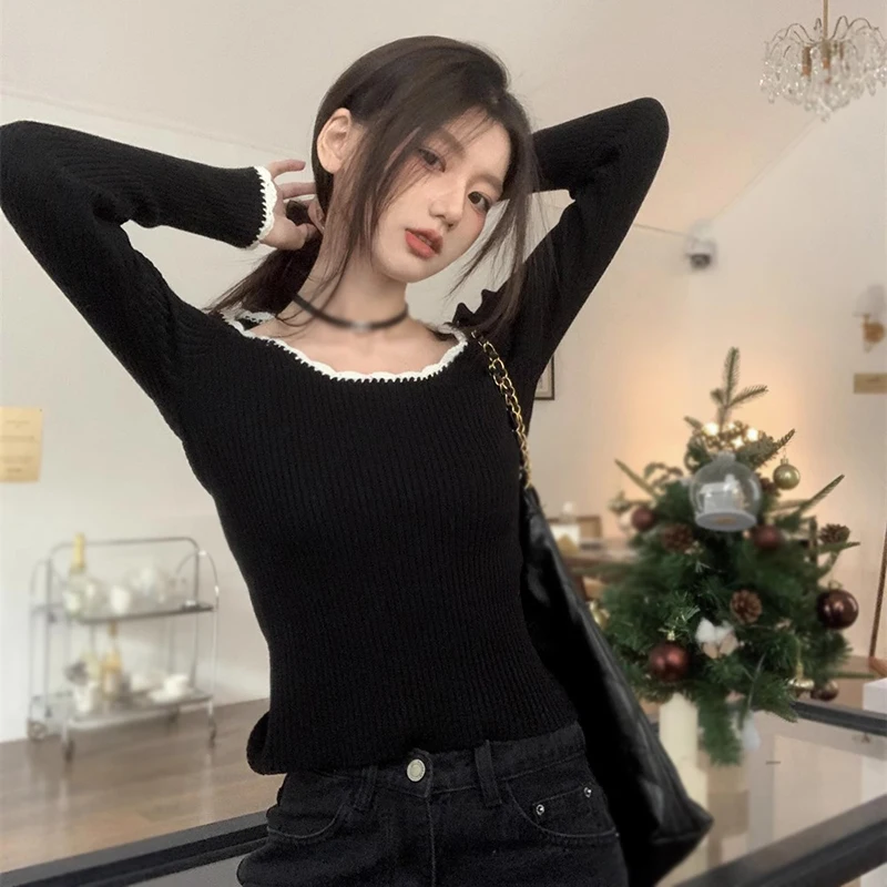 Long Sleeves Top Retro Contrast Colors Slim Fashion Temperament O Neck Women\'s Sweater Knitted Korean Version