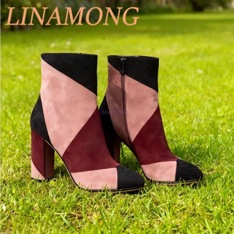 متعدد الألوان المرقعة الجلد المدبوغ أحذية قصيرة الخريف والشتاء وأشار كعب سميك وسحاب جانبي تصميم عالية الكعب أحذية الموضة