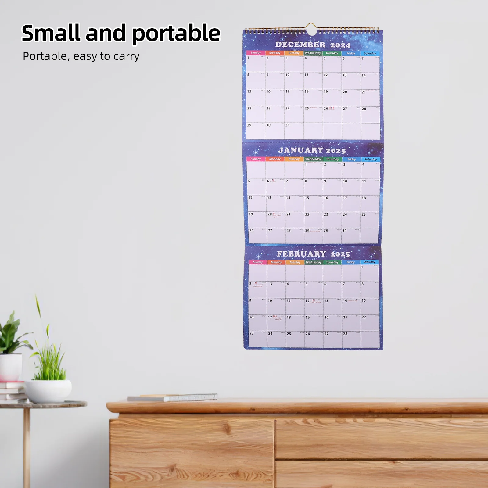 Calendario da parete verticale pieghevole con vista a tre mesi, grande agenda mensile del 2025, organizer da appendere per l'aula, l'ufficio, la casa