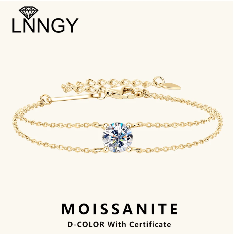 Lnngy 6.5mm 1ct Moissanite bransoletka 925 srebro certyfikowane podwójny łańcuszek bransoletki dla kobiet urok biżuteria ślubna na prezent