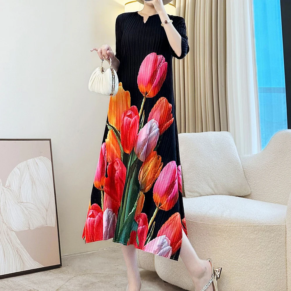 

High-end pleated dress women's autumn vacation beach dress fashion temperament printed long dress