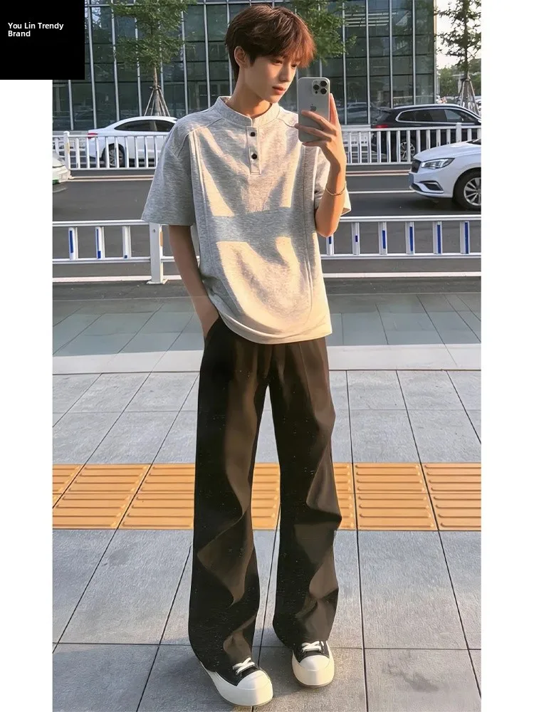 

Мужские повседневные брюки Cleanfit с плиссировкой, черные, весенние, модные, в американском стиле, свободные, прямого кроя, со средней/низкой талией, на резинке