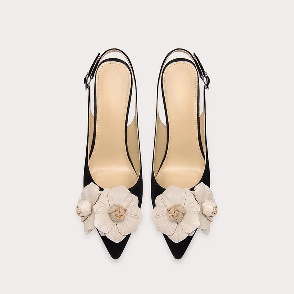 12CM/4.7inch High Heels Sandals,Women Pumps,Sexy Big Flower Shoes,Flock Slingbacks,Pointed Toe,Ankle Buckle Strap,Black,Dropship - view 4