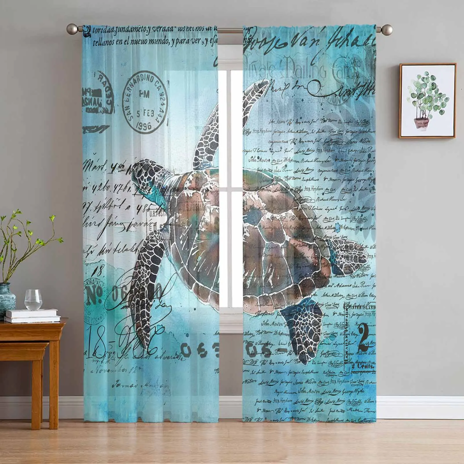 

Summer Ocean Turtle Watercolor Retro Sheer Curtains for Living Room Bedroom Window Treatment Kitchen Chiffon Curtain