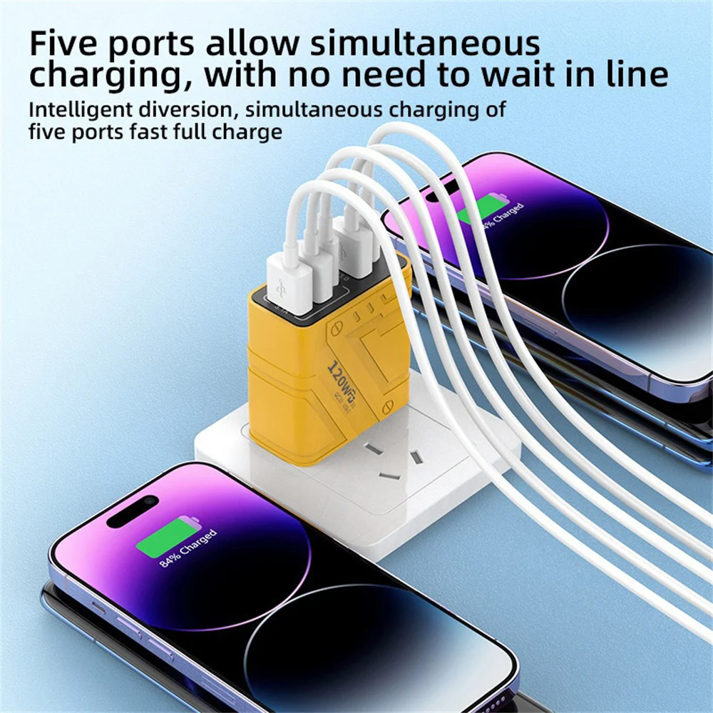 120W USB Charger PD Type C 5 Ports Fast Charging Mobile Phone Charge Adapter For iPhone Samsung Xiaomi Huawei QC3.0 Wall Charger