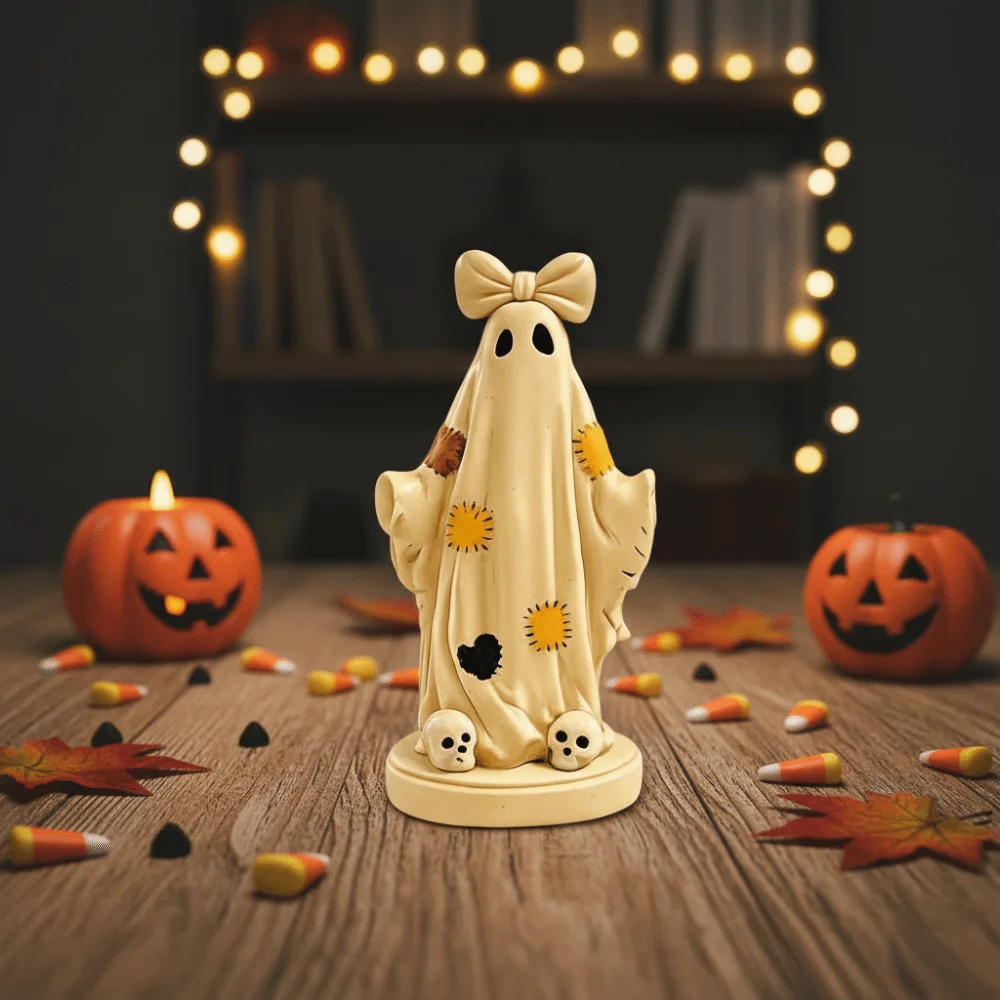 Resin Halloween Figurine Patchwork Detail Vibrant Orange Spooky Statue Compact Size Cute Design Pumpkin Sculpture Party Venue