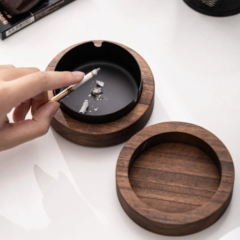 Creative Wooden Ashtray with Lid Stainless Steel Lining Windproof Smoke Proof Durable Easy to Clean Ashtray Cigar Box Decoration