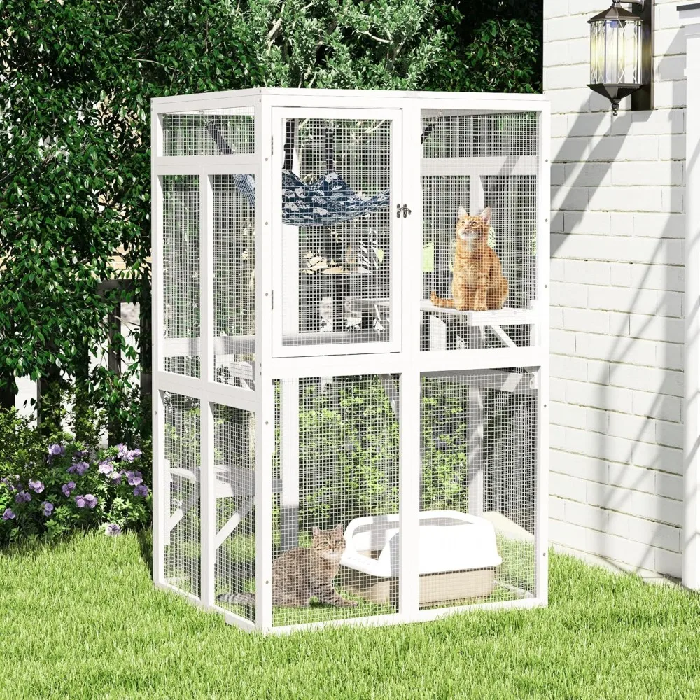 

Catio Outdoor Cat Enclosure Window Access, Wooden Cat House Shelter, Kitty Cage with 3 Platforms for Patio Indoor (White)