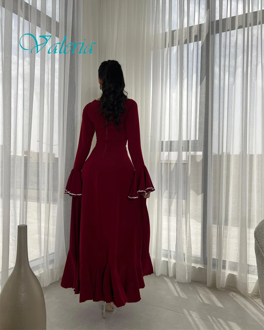 Customized Elegant Square Collar Evening Dress and Exquisite Long Sleeves Party Dresses and Temperament Jersey Prom Dress