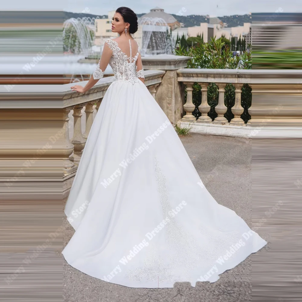 สวย V คอ A-Line ผู้หญิงชุดแต่งงานโมเดิร์นสามไตรมาสแขนชุดเจ้าสาว Mopping ความยาว Robes De Mariee ที่กําหนดเอง