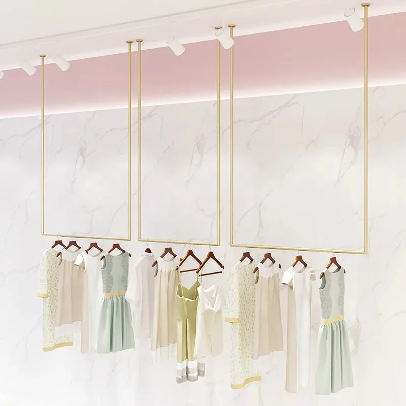 custom.Custom Clothes Shops Boutique Wall Mounted Garment Stand Stainless Steel U Shape Shiny Gold Hang Clothing Rack on Ceiling