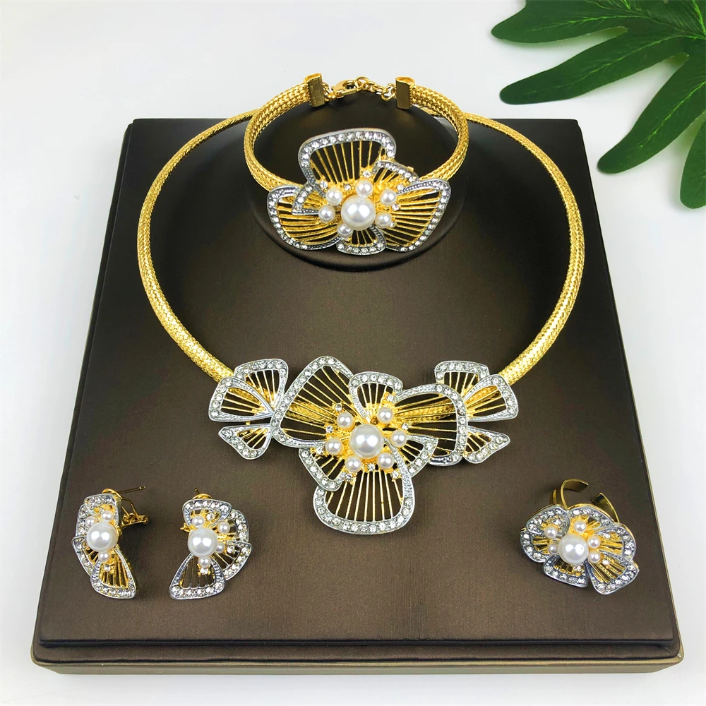 Italy 18k Gold Plated Women Jewelry Set Classic Design Bowknot Necklace Earring Bracelet And Ring 4PCS Set Jewelry Wedding Party