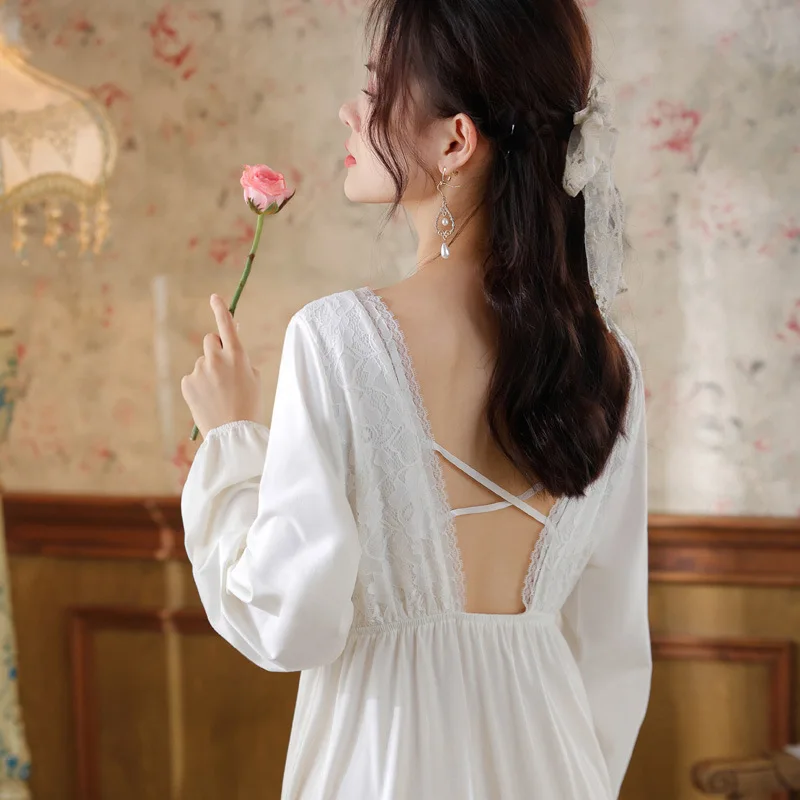 

Long Sleeve Nightgown Women's Spring Sexy Backless Lace Princess Sleepwear Loose V-neck Home Wear Autumn