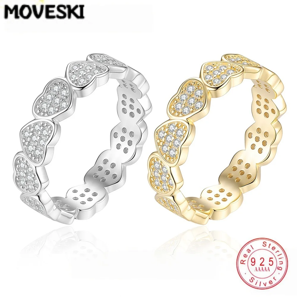 S925 Sterling Silver Heart Shape Moissanite Eternity Ring Gold Plated Paved Sparkling Love Stacking Finger Ring For Women