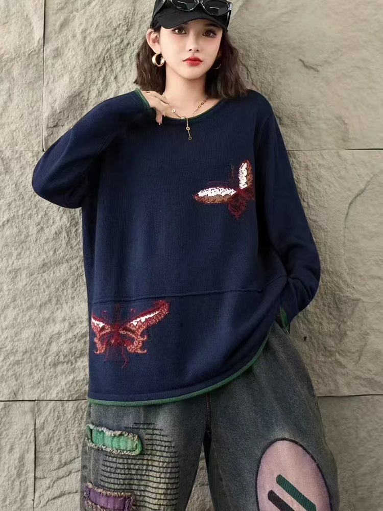 Amax lulue moda coreana jumpers outono feminino casual solto blusas de malha senhoras clássico bordado o pescoço pulôver de grandes dimensões
