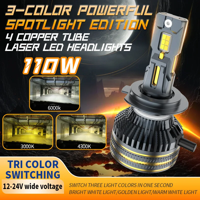 

Wide Voltage LED Car Headlight Bulbs H7 H4 9005 110W Tri-Color Hi/Low Beam Super Bright Auto Lamp Retrofit Truck 12V 24V 20800LM