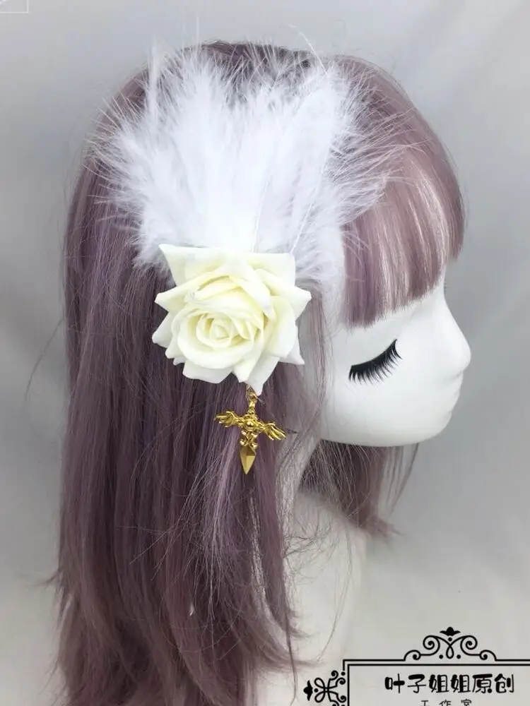

Lolita Flower Pill Feather Hair Accessories Side Clip Lolita Dark Goth Wind Flower Rose Barrettes