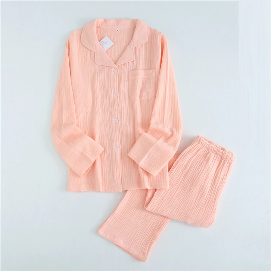 Spring Cotton Crepe Couple Pajama Set Women Solid Plus Size Long Sleeve Cardigan Long Pant Home Suits Sleepwear Nightgown Female