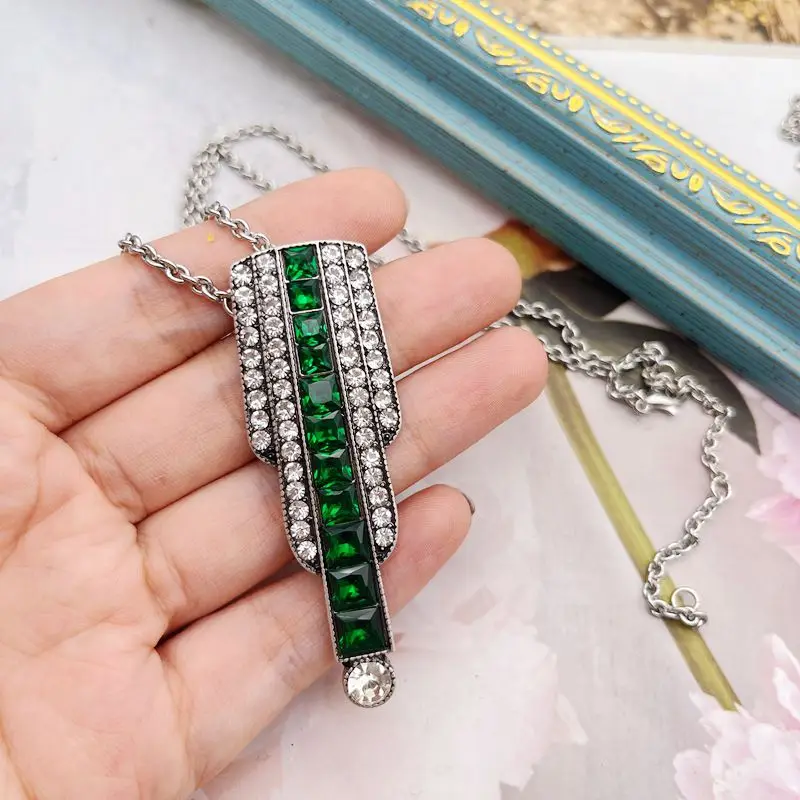 Long Pendant Glass Stone Necklace Rhinestone Green Blue Simple Deco Jewelry For Women