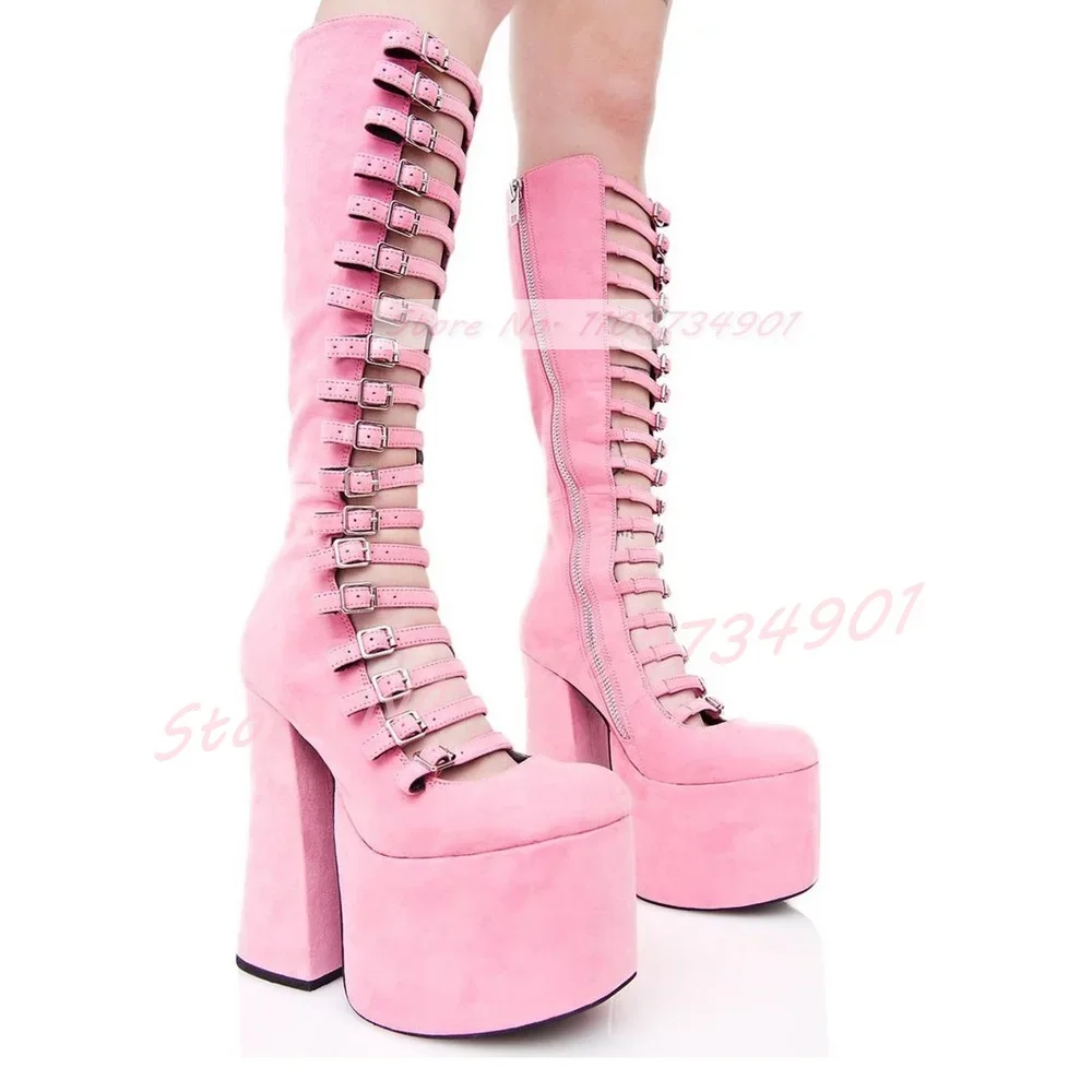 Pink Flock Platform Chunky Heel Boots Women Buckle Strap Side Zipper Knee Length Shoes Ladies Lovely Sexy High Heels Boots