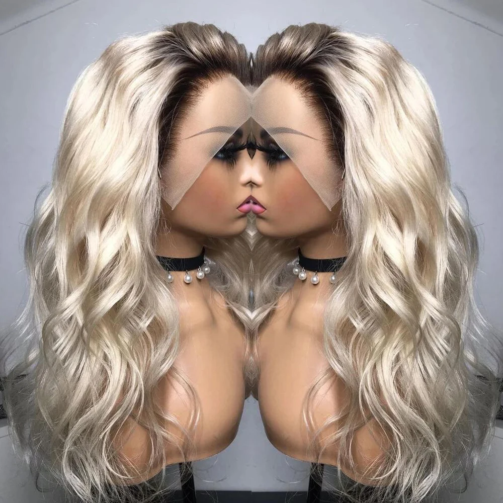 Ombre Ash Blond lace front wig human hair Dark Roots brazilian 13x6 Human Hair Wigs For Women Loose Body Wave HD Transparent 360