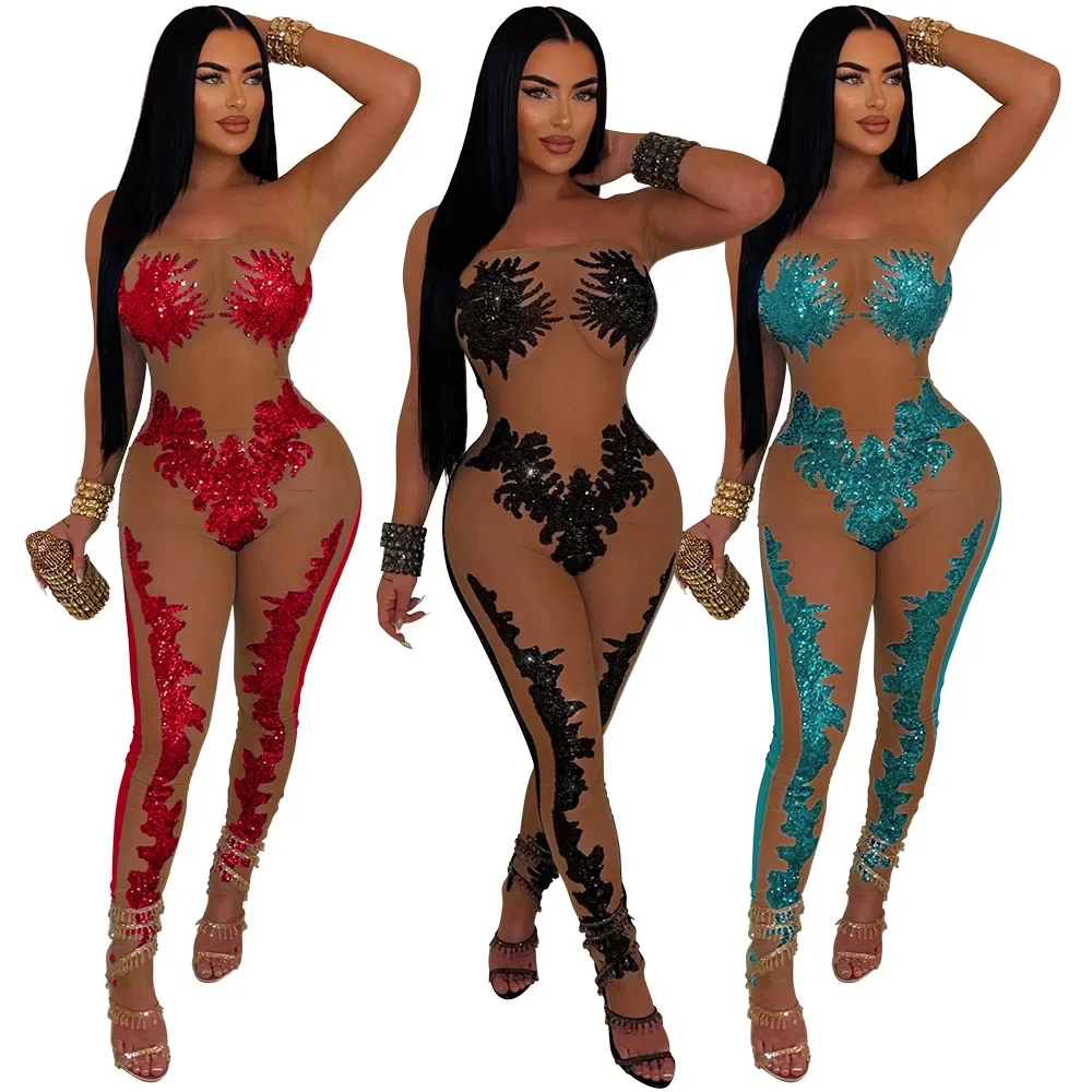 

2024 Summer Women strapless Fashion Sequined Mesh See Through Sleeveless Jumpsuits Sexy Party Club One Piece Suit Outfit