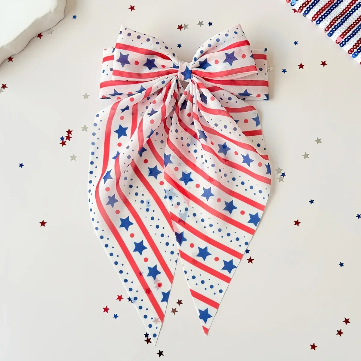 Customization 2pcs Independence Day American Flag Element Star-Shaped Fabric Print Bow Hair Clips, Women's Fashionable Sweet