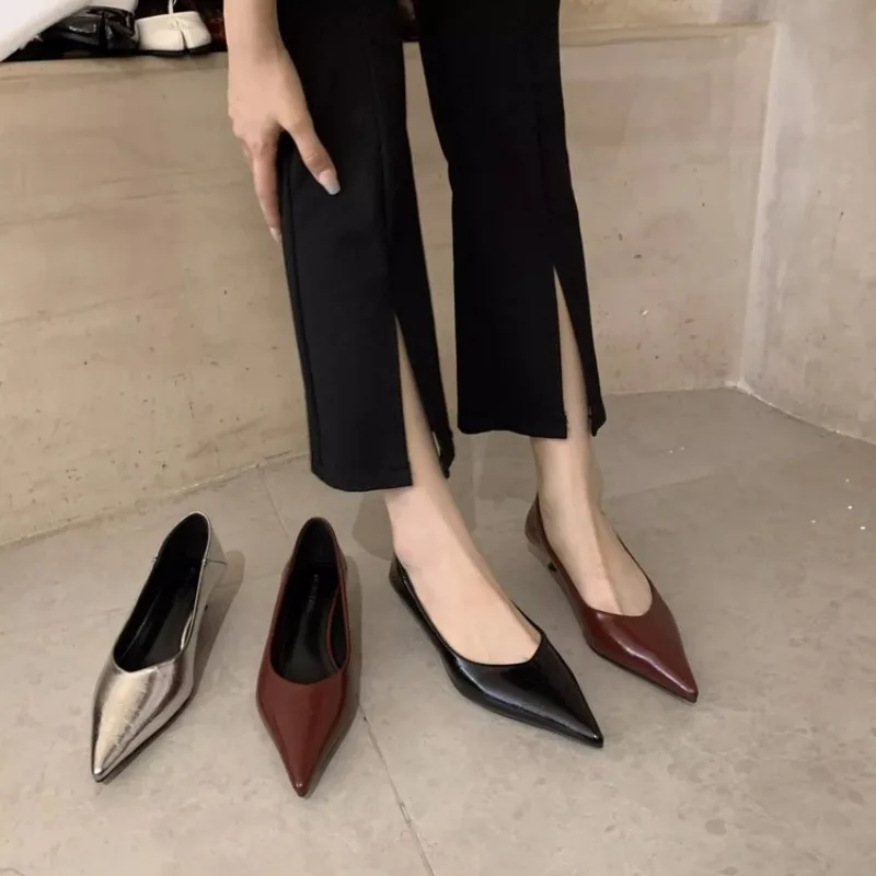 2024 New Women\'s Boat Shoes Pointed Toe Pumps Kitten Heel Dress Shoes Silver Office Work Shoes for Female Black Spring Autumn