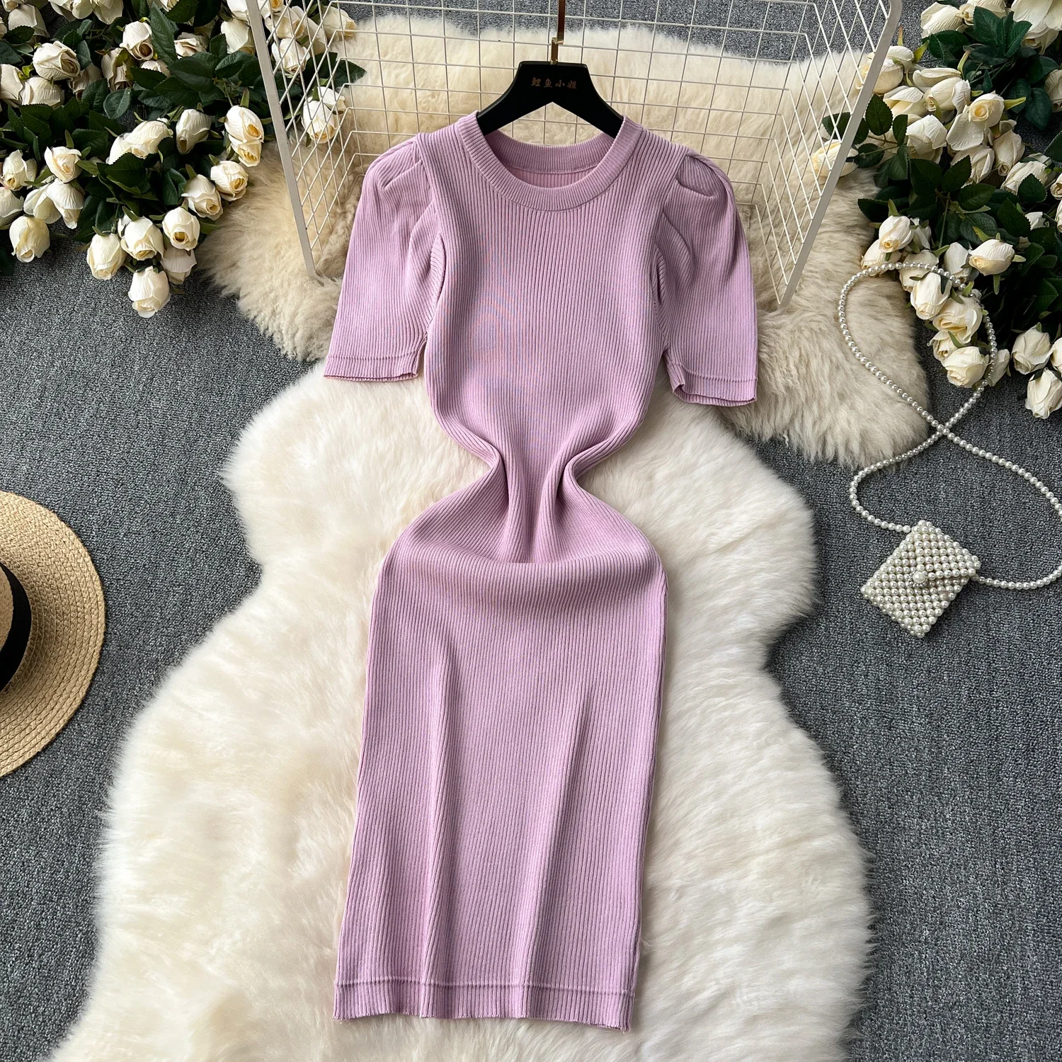2024 Summer Solid Knit New Sexy O Neck Dress Women Short Puff Sleeve Elatic Waist Bodycon Sundress Female Beach Midi Long Dress