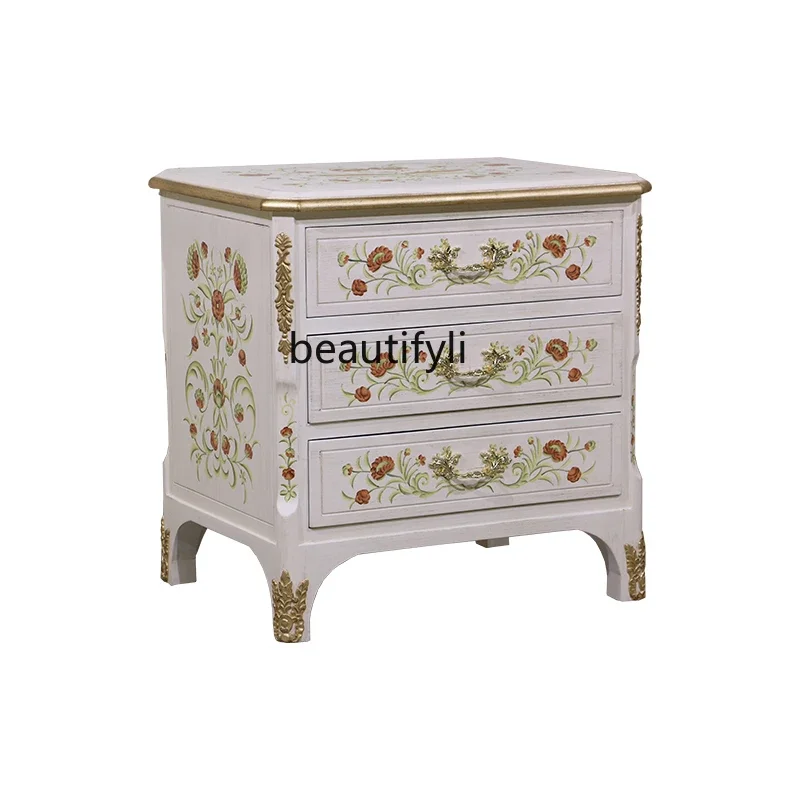 

A44 European style painted solid wood bedside table bedside cabinet solid wood carved storage cabinet hand-painted