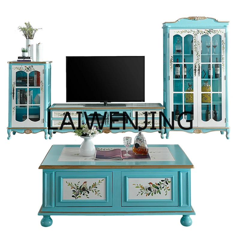 AmericanTVCabinetCombination Mediterranean Style Small Apartment Living Room Wine Cabinet Solid Wood Film and Television Cabinet