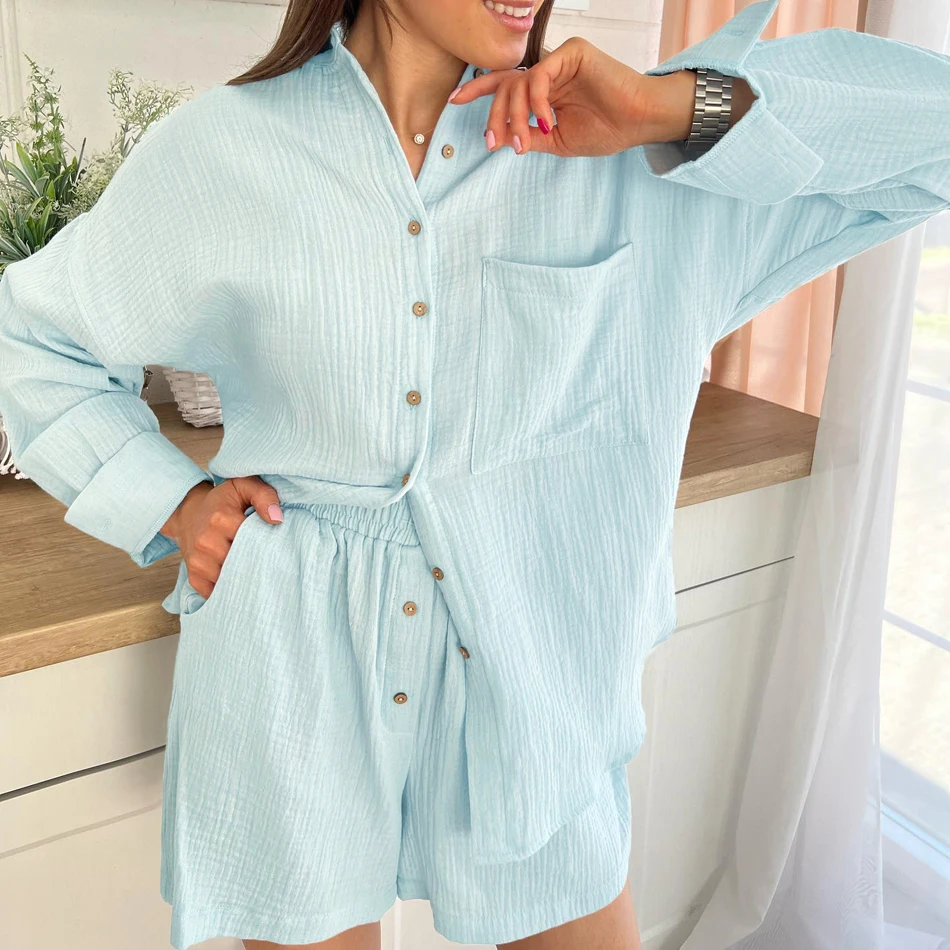 

Casual Summer Home Suit with Long Shorts 100% Cotton Long Sleeve Top Two-piece Suit Female Elegant 2 Piece Sets Women Outfit