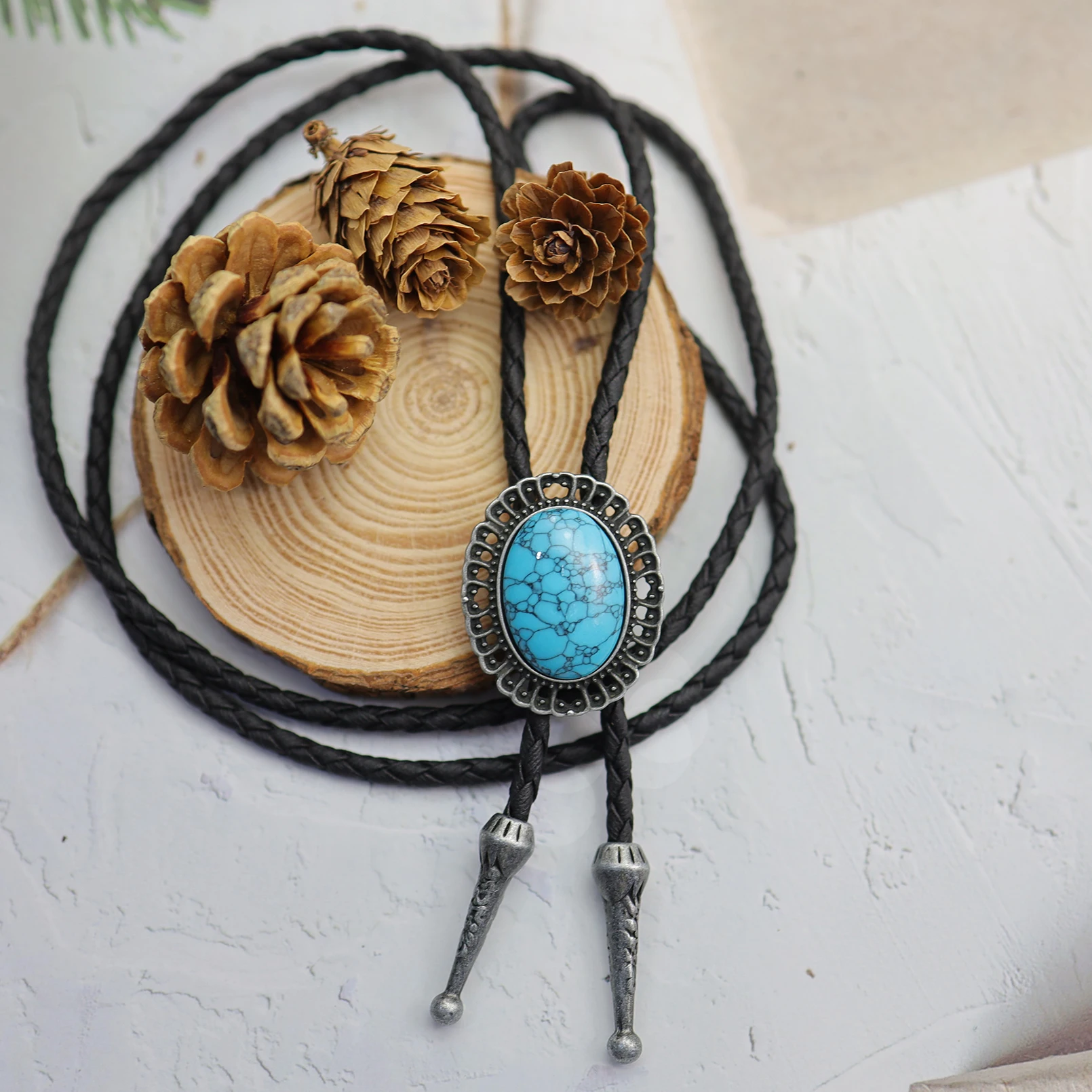 Western Cowboy Leather Rope Bolo Tie Necklace Jewelry Fashion Mens Woman Gifts Necktie Unisex Retro Accessories