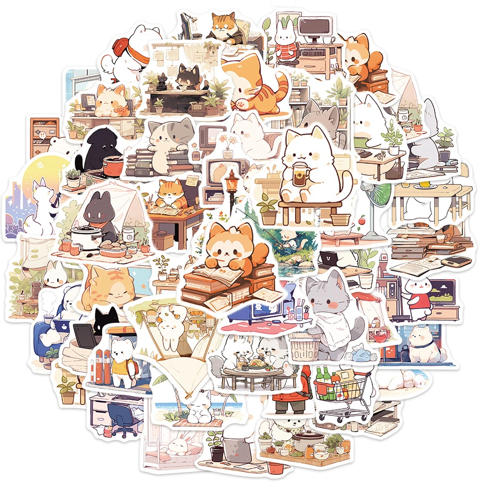 10/50Pcs Cartoon Cute Animal Cat Varied Stickers Pack for Kids Scrapbooking Travel Luggage Notebook Decoration Graffiti Decals