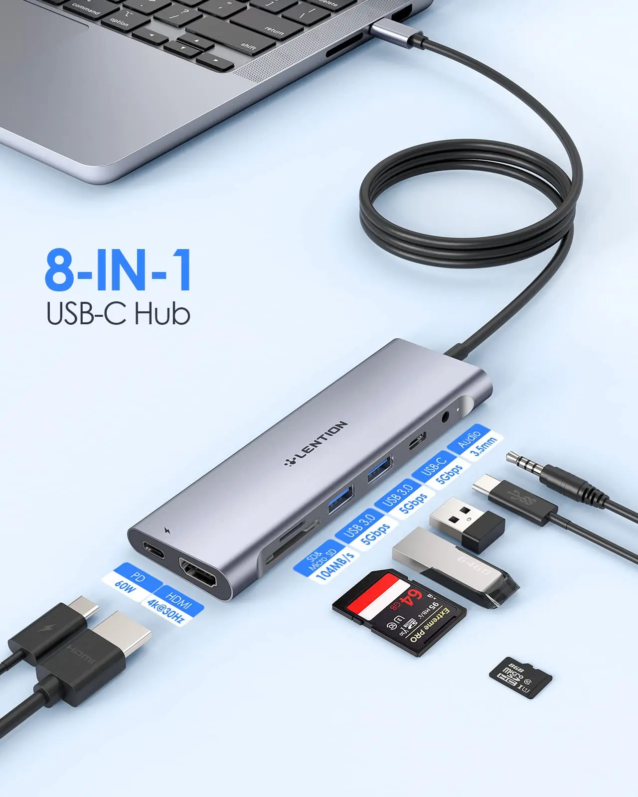 Lention 1M Cable USB C Hub with 4K HDMI 2 USB 3.0 Card Reader Aux Type C Data/Charging Apply MacBook Pro Stable Driver Adapter