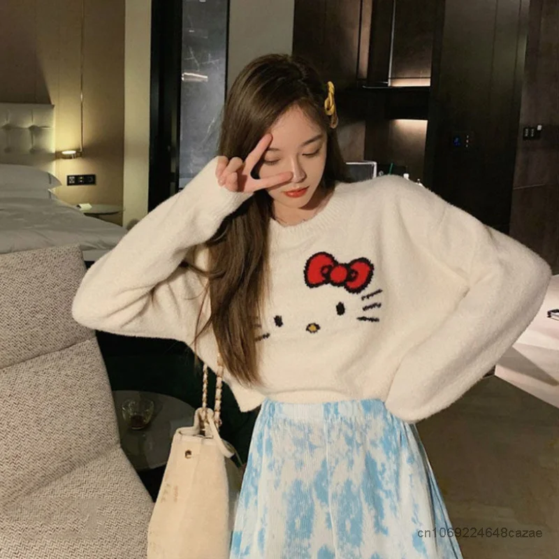 Sanrio Hello Kitty Spring Autumn Short Sweaters Y2k Clothes Cartoon Cute Knitwear Women Korean Japanese Style Fashion Crop Tops