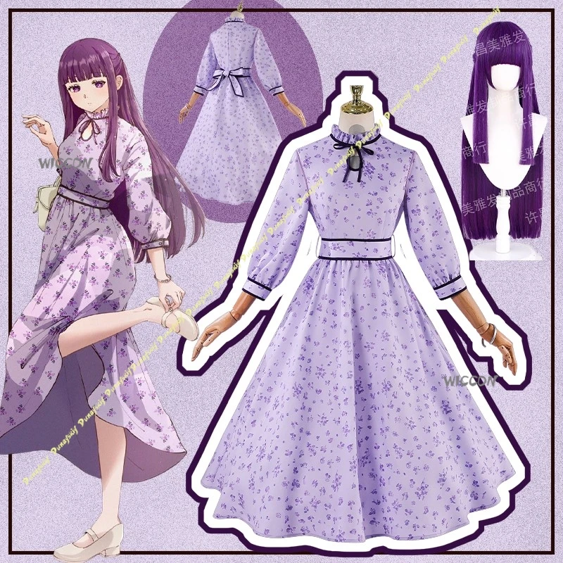 frieren-beyond-journey's-end-cosplay-costumes-anime-fern-cos-wig-suit-dress-purple-floral-print-dress-lolita-princess-party-set