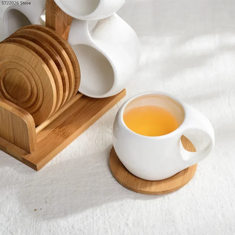 Simple Ceramic Tea Pot Set 190ml Tea Cup, Coffee Cup, Three-dimensional Bamboo and Wood Support, Striped Anti-skid Coaster