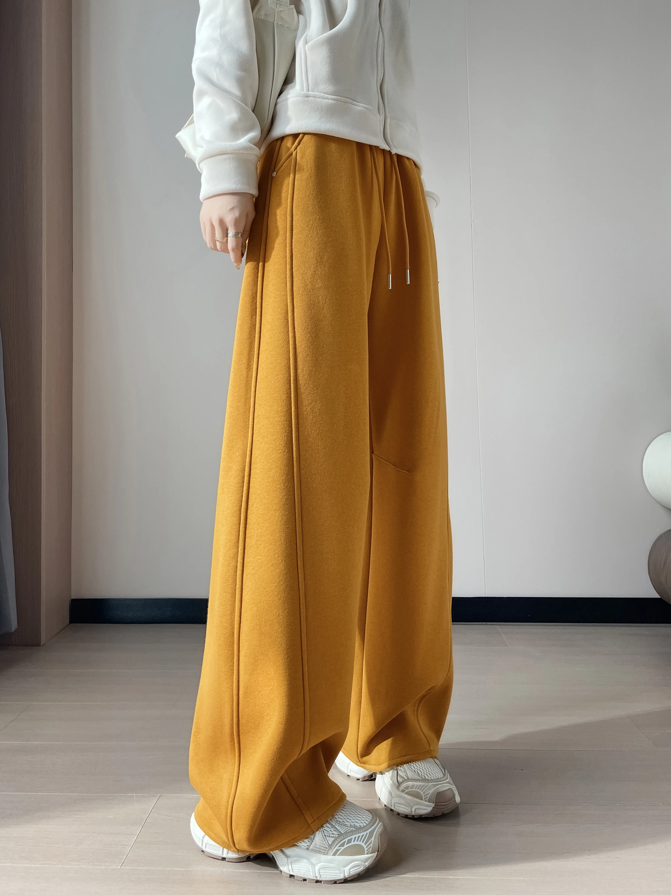 Calças Casuais Amarelas de Abóbora Thiened Fce para Mulheres, Cintura Alta, Ajuste Slim, Calças de Esporte com Pernas Largas