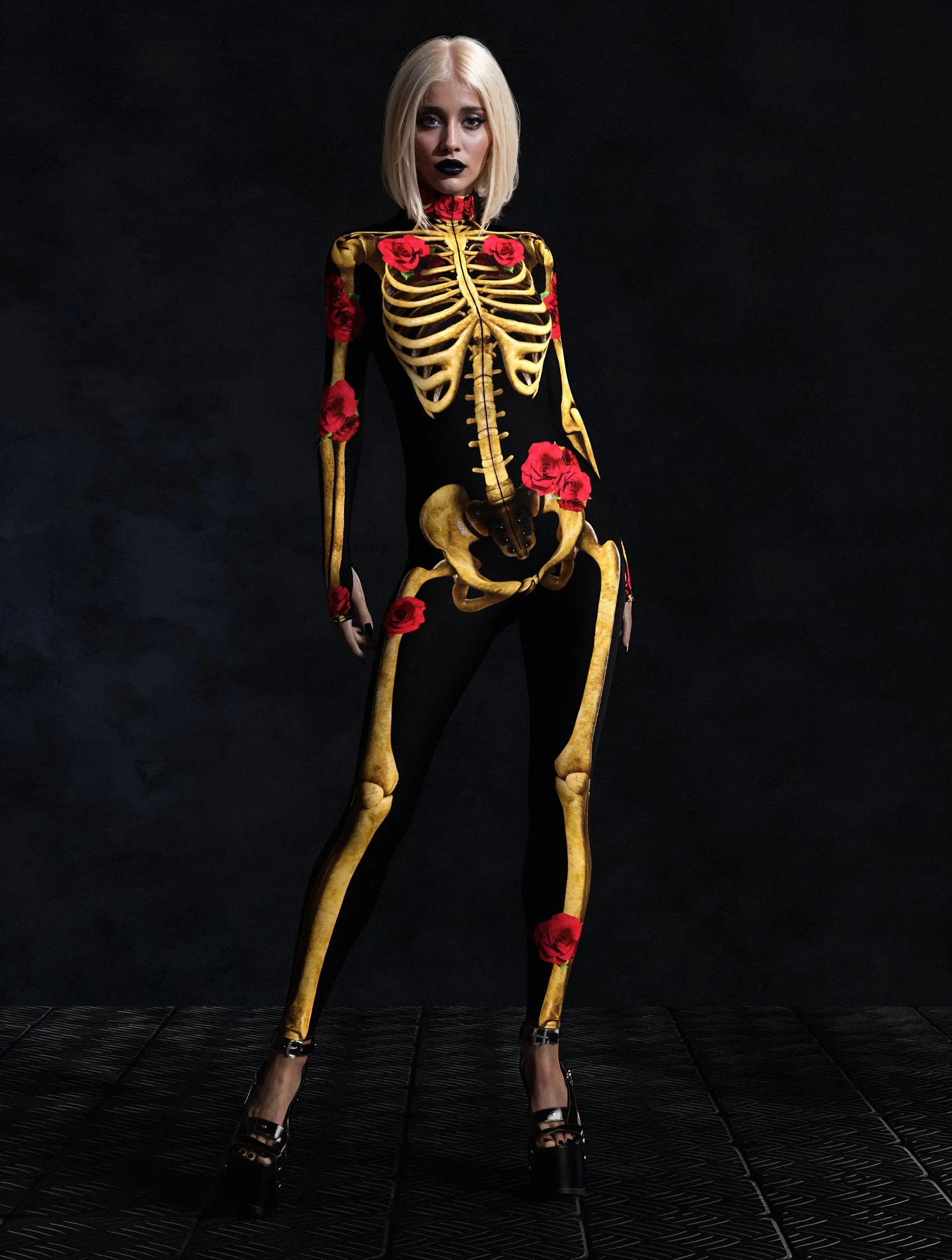 

Women Red White Skeleton Jumpsuit Multicolour Printing Holiday Party Wear Onesie Cosplay Costume Kawaii Bodysuits Rompers