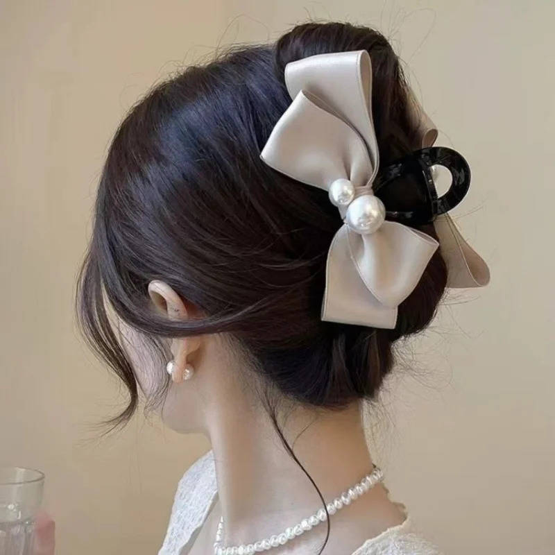 Pinza de pelo grande con lazo de perlas para mujer, Clip de tiburón con temperamento, accesorios para el cabello para chicas